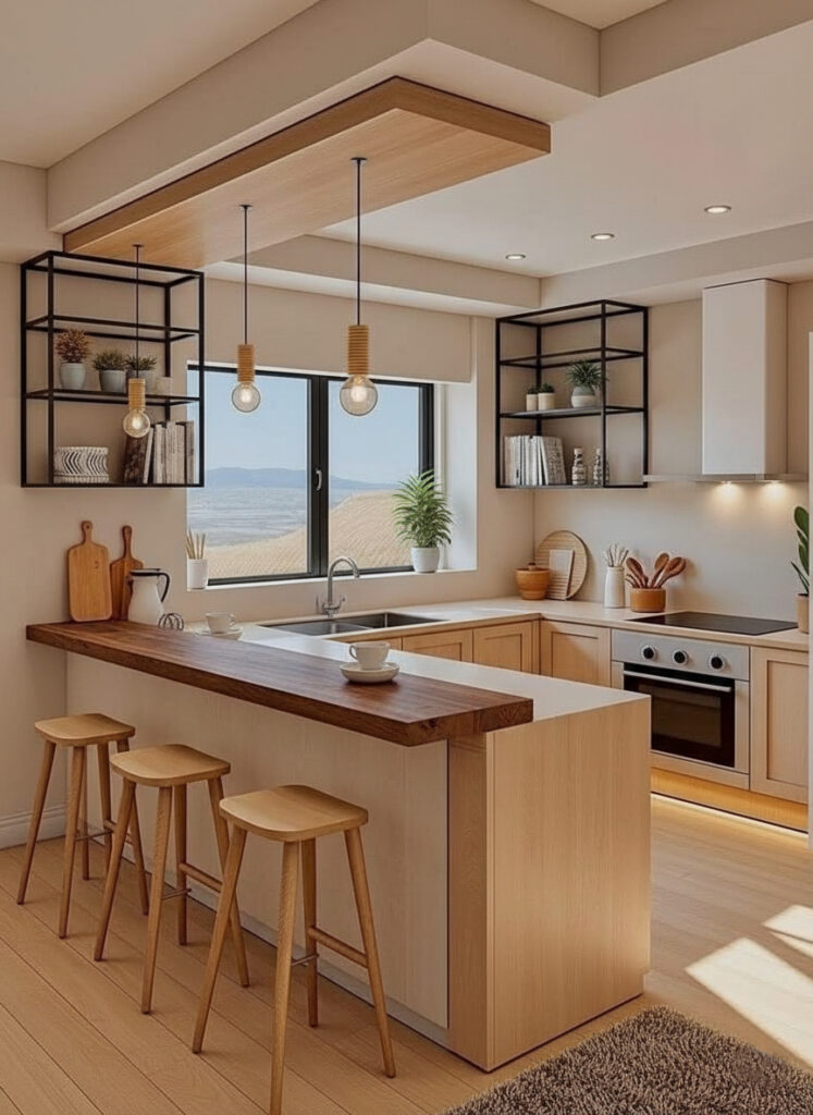 A modern minimalist kitchen with light wood cabinets, a dark wood bar counter with three wooden stools, and black industrial-style open shelves. A window overlooks a bright landscape, and pendant lights hang from a ceiling feature.
